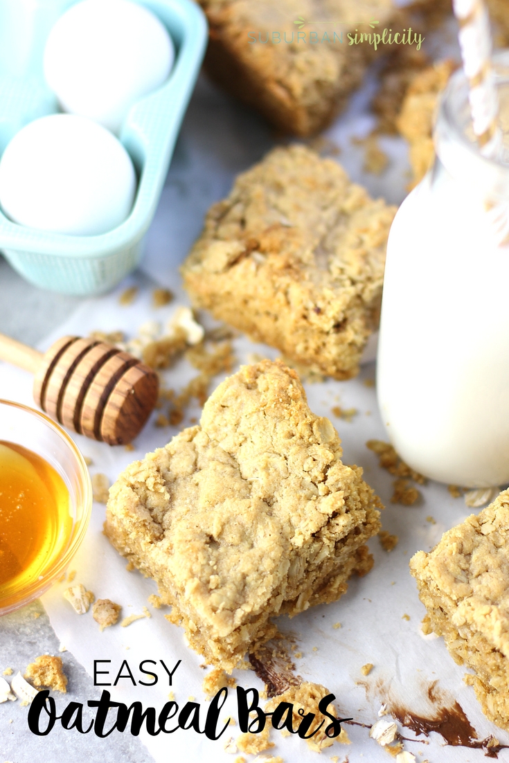 Healthy Oatmeal Bars next to honey, milk and eggs