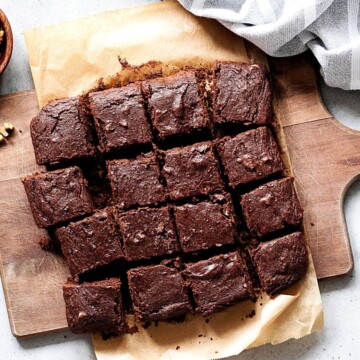 Dark chocolate brownies on a cutting board
