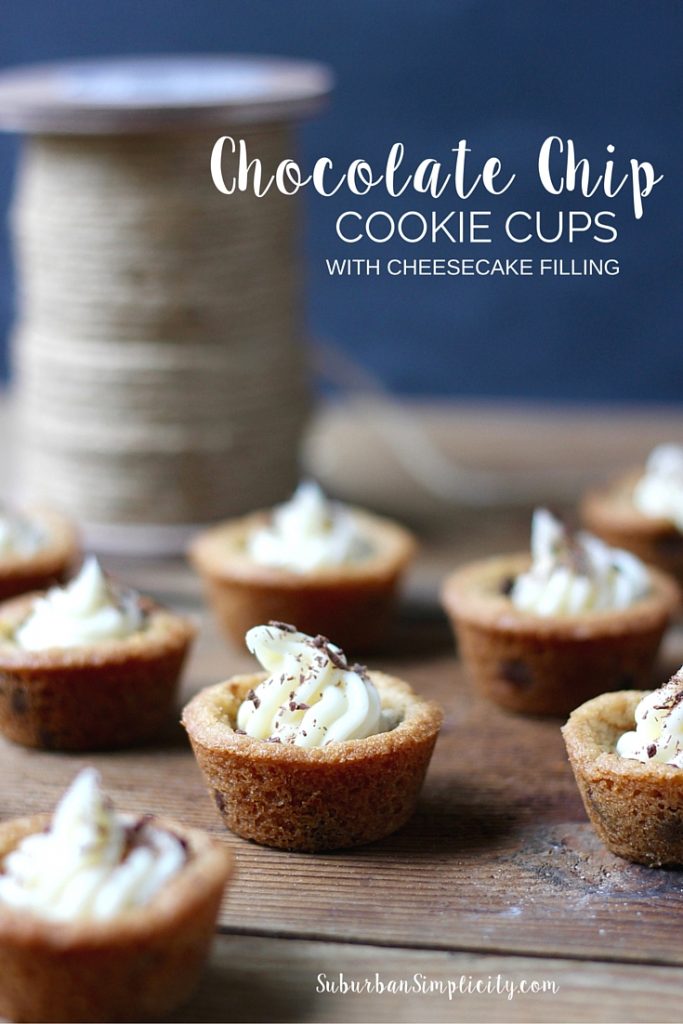 These Chocolate Chip Cookie Cups with Cheesecake Filling are delicious! A crisp outer edge and soft chewy middle filled with cheesecake makes this recipe irresistible! 