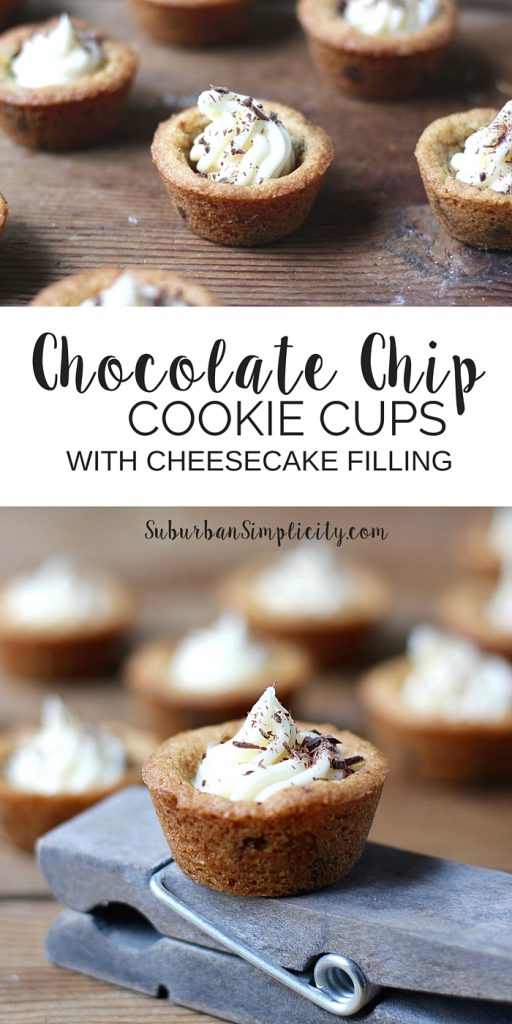 These Chocolate Chip Cookie Cups with Cheesecake Filling are a delicious dessert! A crisp outer edge and soft chewy middle filled with cheesecake makes this recipe irresistible!
