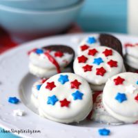Patriotic Oreos on a plate.