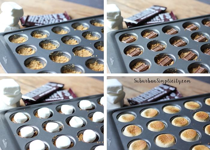 4 images showing the process for making S'more bites in a mini muffin pan. 