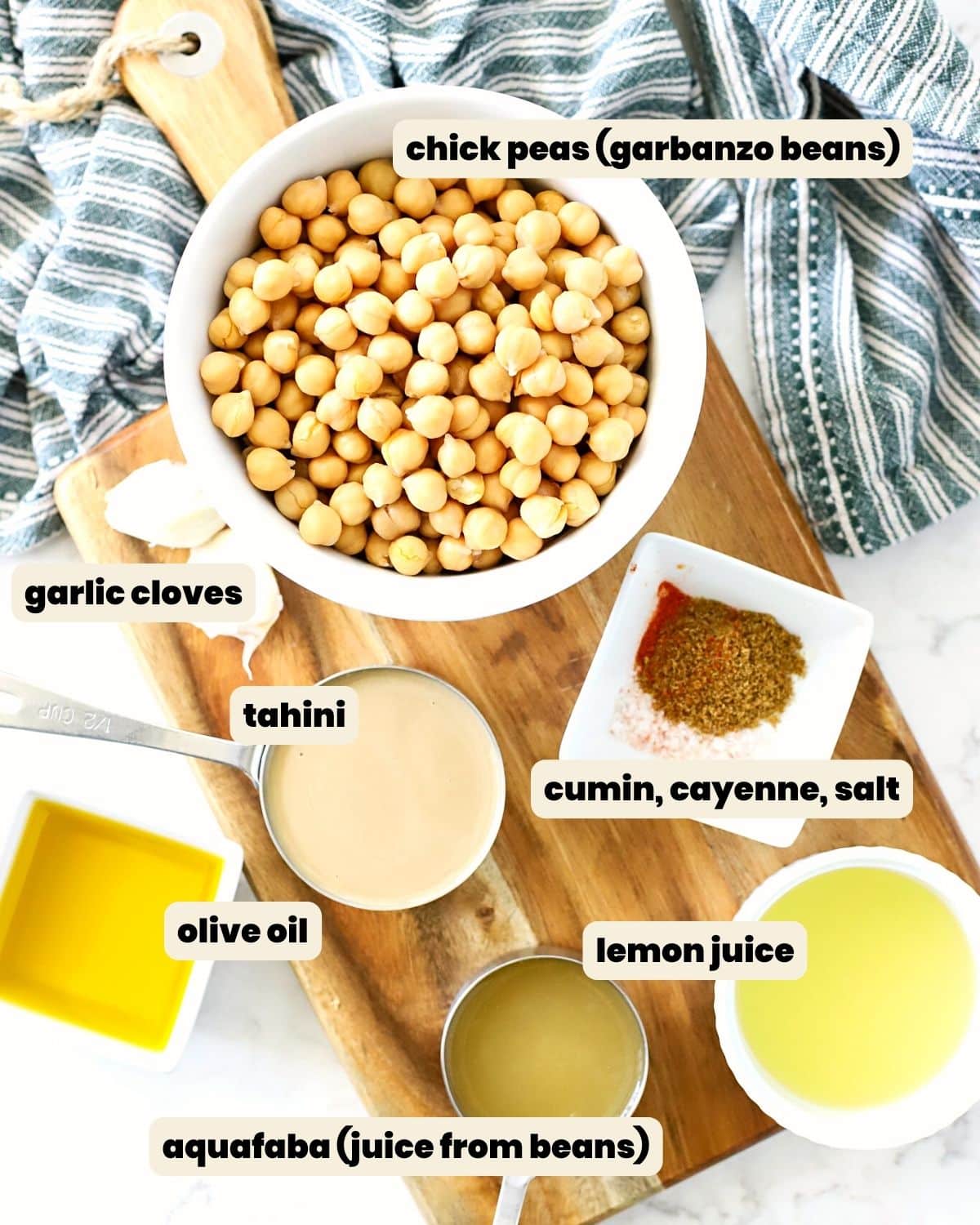 Ingredients to make hummus in the blender with text labels.