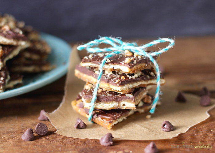 Saltine Toffee Crack stacked with a bow