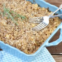 Roasted Cauliflower Mac & Cheese in a blue serving dish