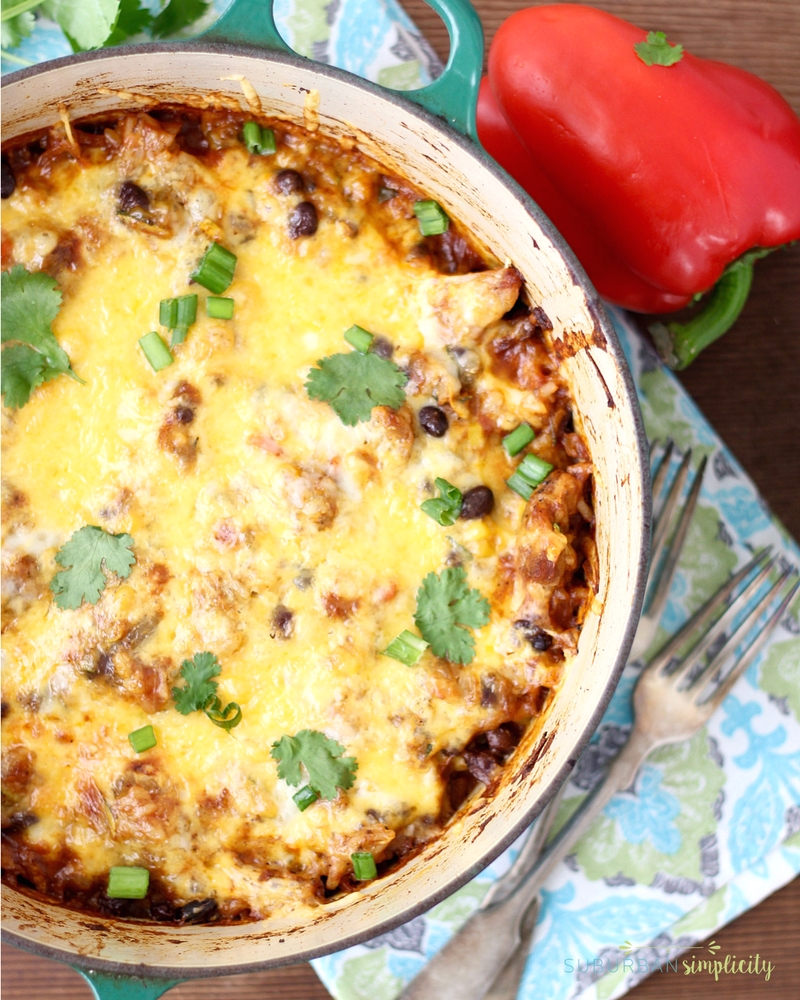 Serve up this flavorful one-pot Mexican Chicken, Rice and Veggie Casserole for dinner tonight! It's healthy recipe ideas that's delicious and clean-up is a breeze.