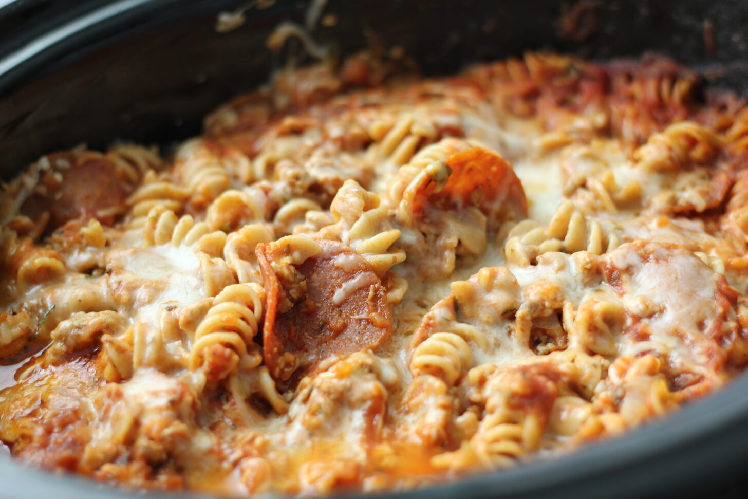 Crockpot Pizza Casserole in the slow cooker