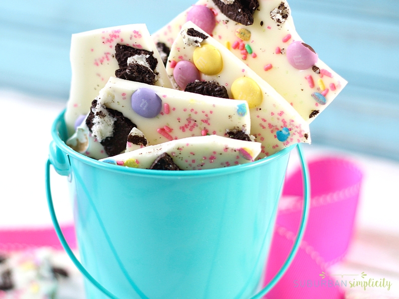 Easter Oreo Bark in a aqua pail.