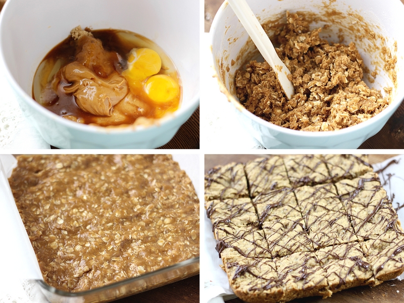 The process for making peanut butter oatmeal squares starting with the wet ingredients and then adding the dry and pressing the batter into a baking pan.