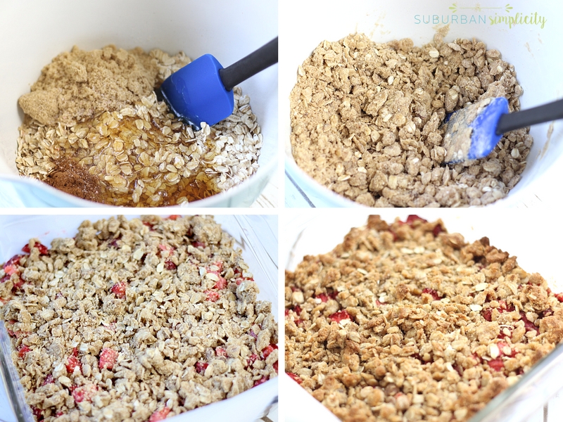 The process for making strawberry oatmeal bars from making the batter to placing it in a pan with parchment paper.