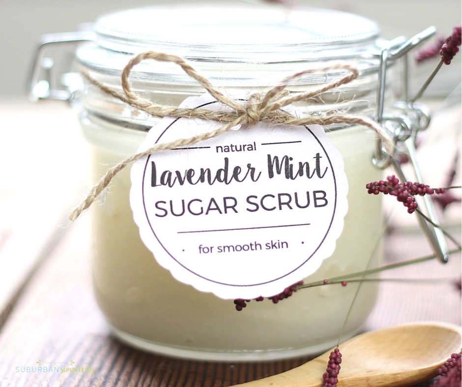 Lavender Mint Sugar Scrub in a jar with a cute tag tied on with twine.