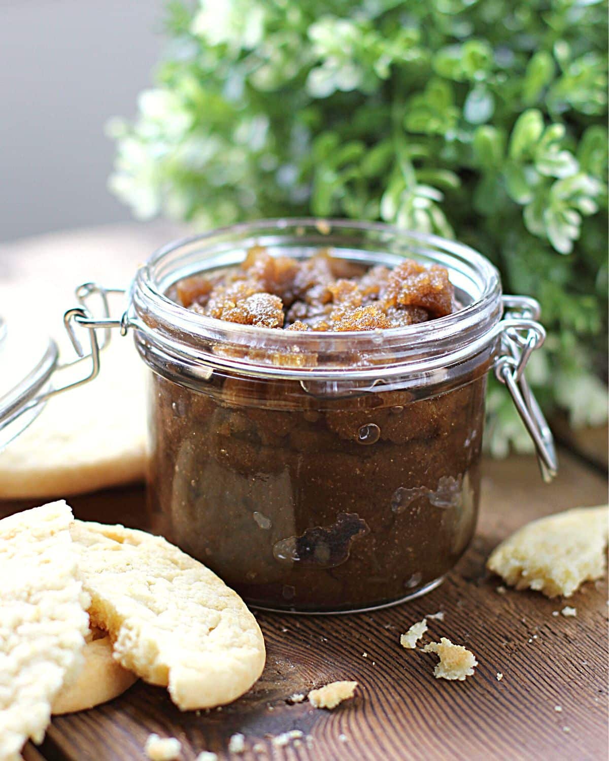 Jar of homemade body scrub next to a cookie.