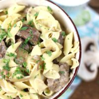 Savory beef stroganoff in a bowl.