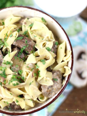 Savory beef stroganoff in a bowl.