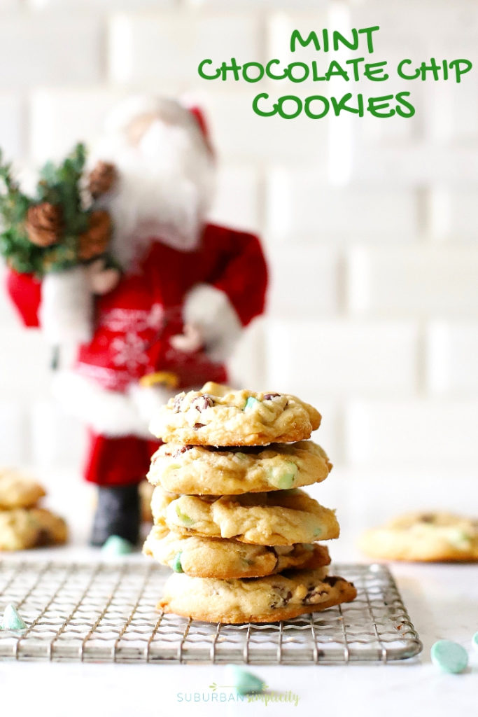 Mint Chocolate Chip Cookies are a must make! The combination of sweet chocolate & mint is something special in these made from scratch cookies! Perfect for everything from Christmas to St. Patrick's Day! #cookies #suburbansimplicity #mint #mintchocolatechip #baking