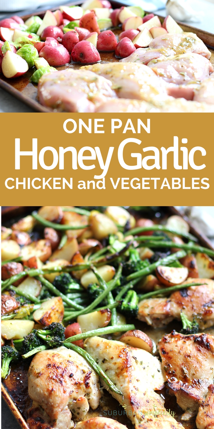 One Pan Honey Garlic Chicken and Vegetables is such and easy and delicious dinner idea! It's so flavorful and cleanup is a dream! Make this one-pan recipe on busy weeknights!