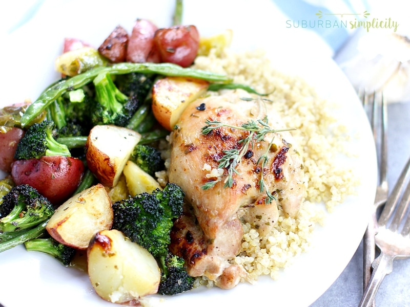 One pan honey garlic chicken and vegetable on a plate with quinoa.