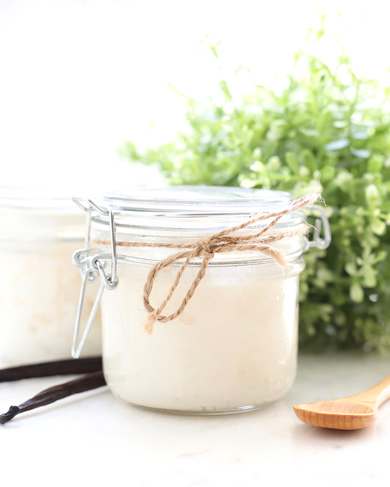 This yummy Vanilla Sugar Scrub is an easy, exfoliating DIY that you can make at home for pennies.  A simple and all-natural beauty product that smells delicious!