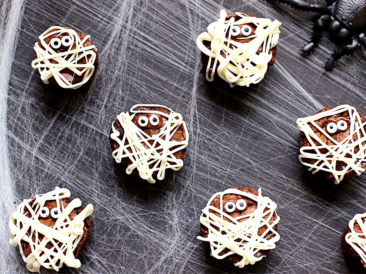 Mummy brownies on a spider web.