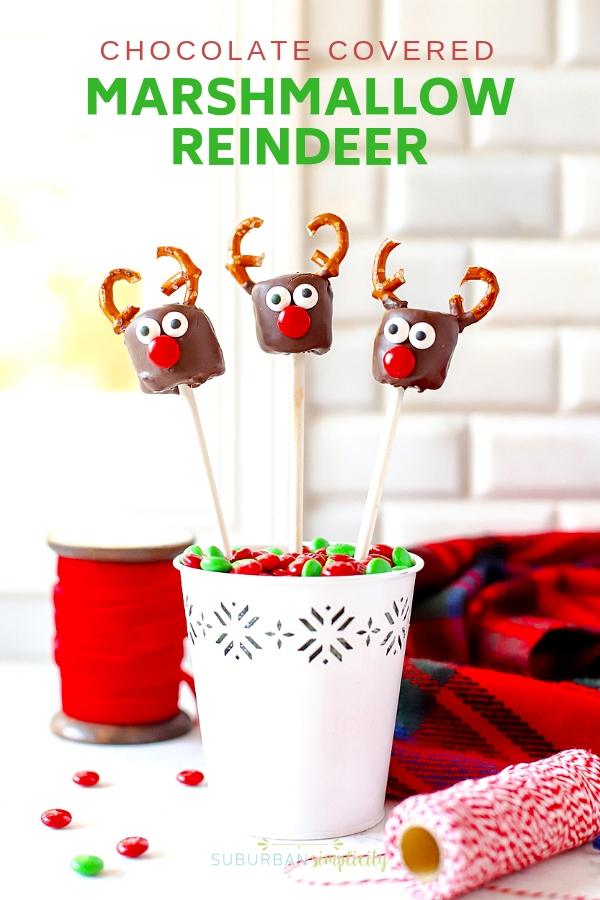These Chocolate Covered Marshmallow Reindeer are the cutest Christmas treat! Easy to make and a merry addition to any party or playdate! #suburbansimplicity #Christmastreats #Reindeer