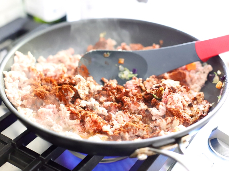 Ground turkey being cooked for Crockpot Taco Soup