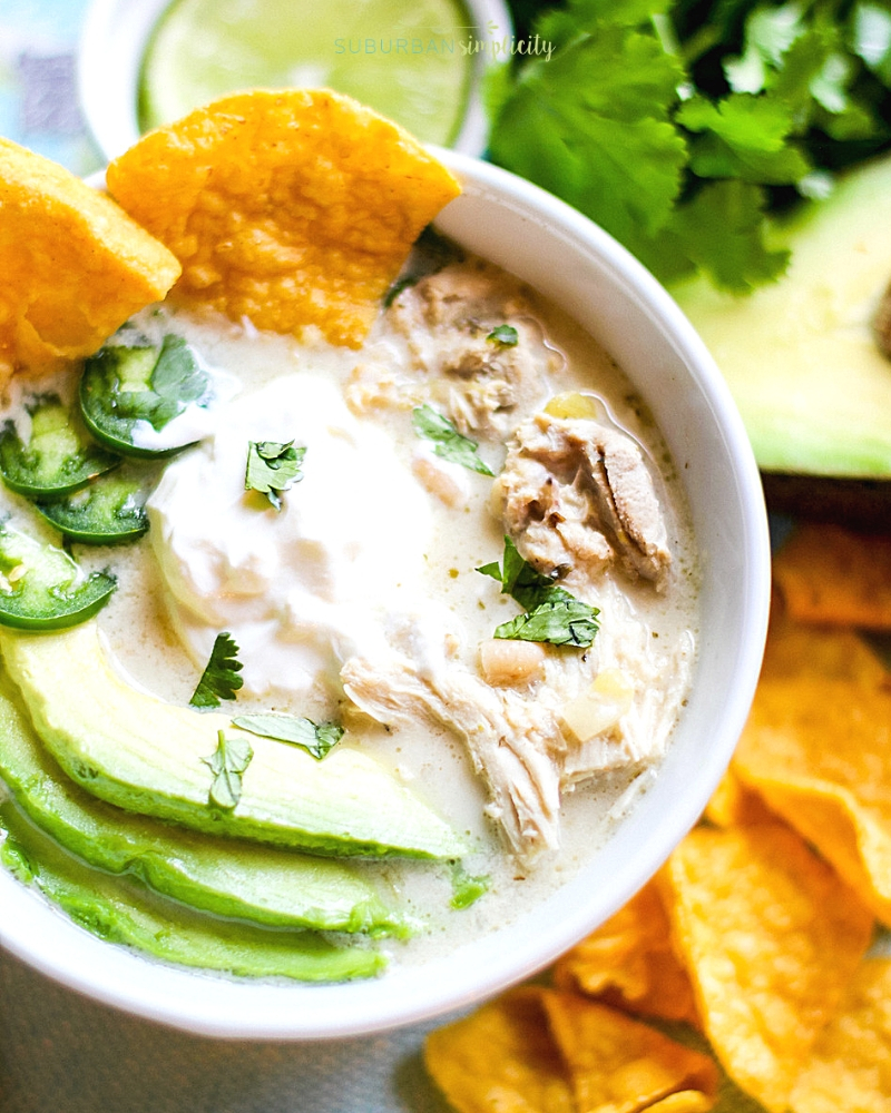 Crock Pot White Chicken Chili in a bowl with toppings