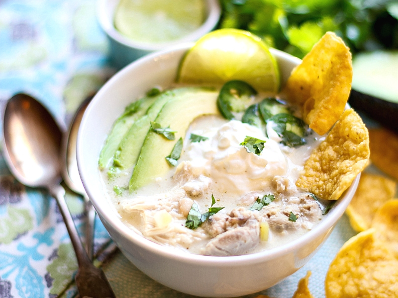 Slow Cooker White chicken chili in a bowl