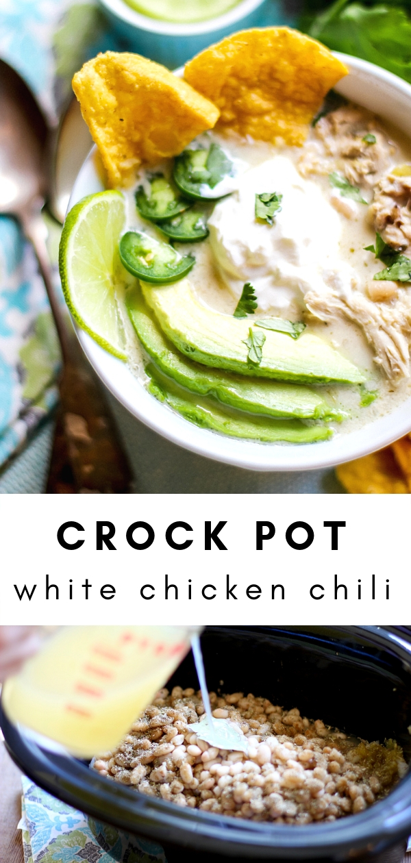 Crock Pot White Chicken Chili is an easy and healthy crock pot dinner idea for busy weeknights. Your family will love this tender chicken slow cooked with zesty spices and white beans. Top it with with cheese, chips, cilantro and sour cream. Yum! #suburbansimplicity #crockpot #slowcooker #crockpotrecipes #chickenrecipes