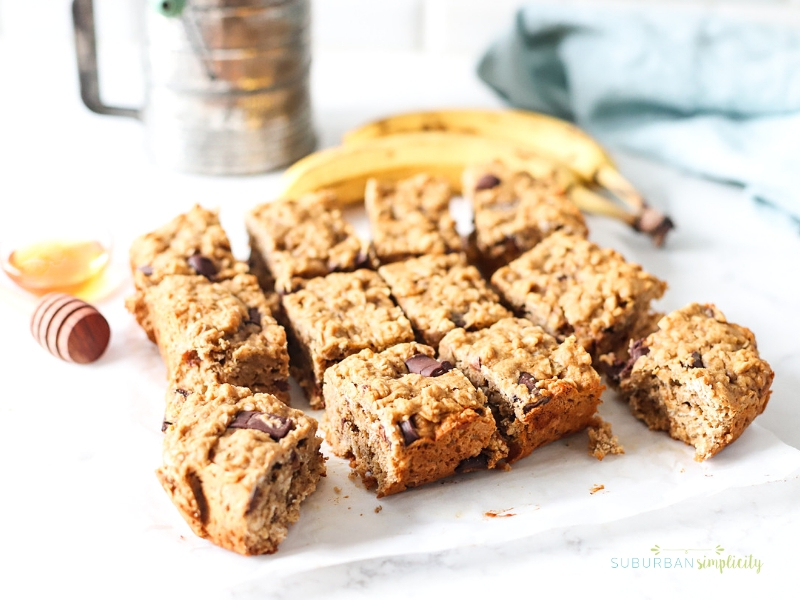 Banana Bars cut into squares.