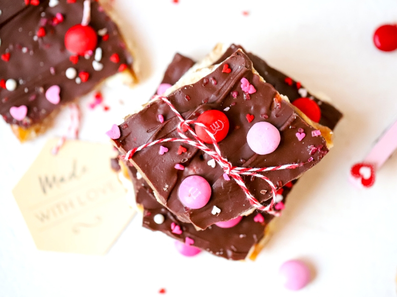 Valentine's Day Saltine Toffee with M&Ms on top.