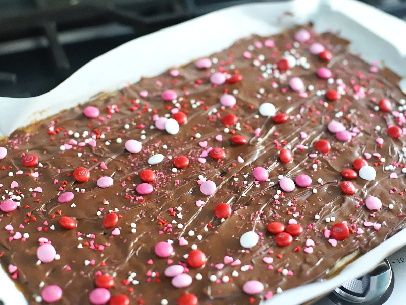 Valentine's Day Saltine Toffee in a pan.