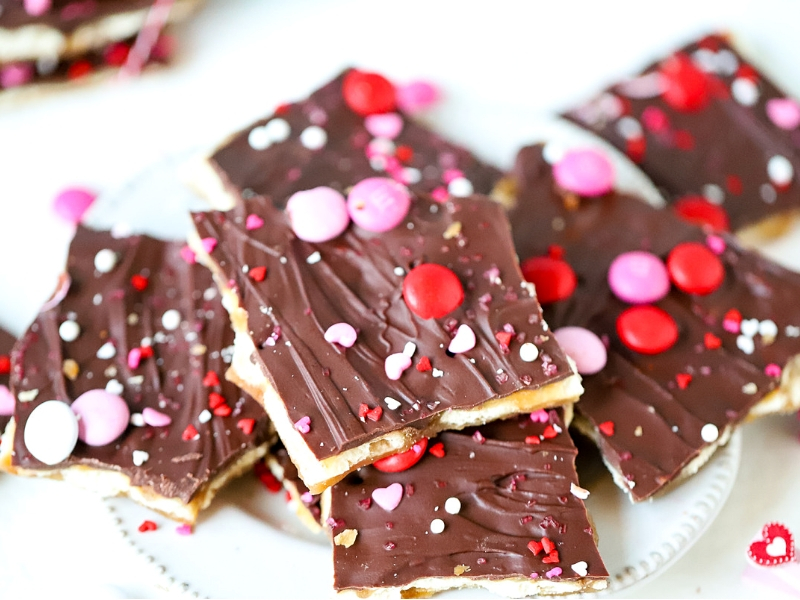 Valentine's Day Saltine Toffee on a plate.