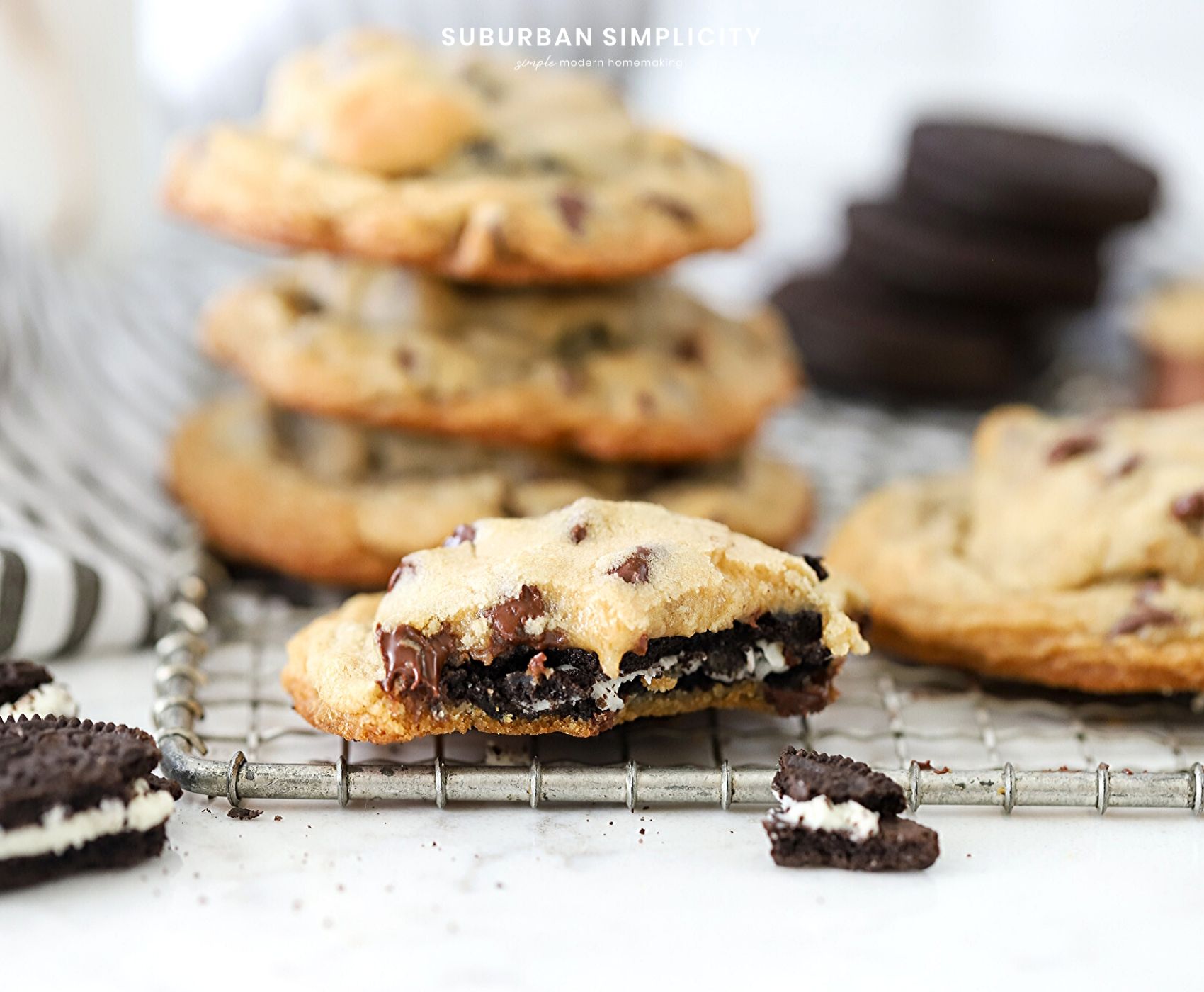 Love Oreos? Then you HAVE to try this Oreo Stuffed Chocolate Chip Cookies recipe. Delicious homemade chocolate chip cookies with an Oreo cookie nestled inside! Best Cookie Ever! 