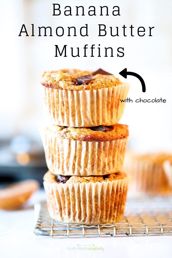 Sweetened only with bananas, these Banana Almond Butter Muffins are a deliciously healthy recipe you'll make again and again. They're gluten-free and dairy-free, too! #suburbansimplicity #baking #muffinrecipes #glutenfree