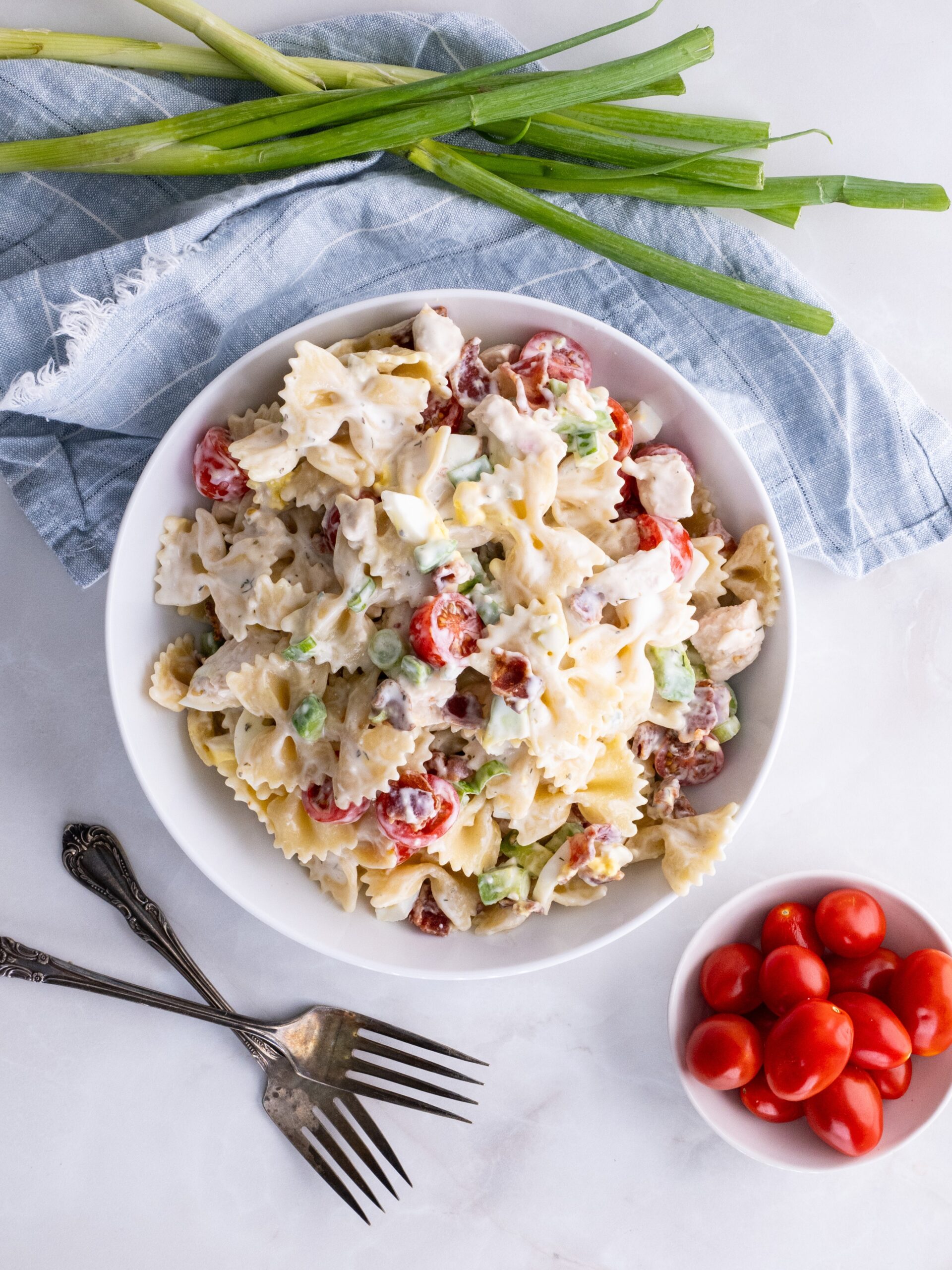 Tossed Cobb Pasta Salad in a bowl.