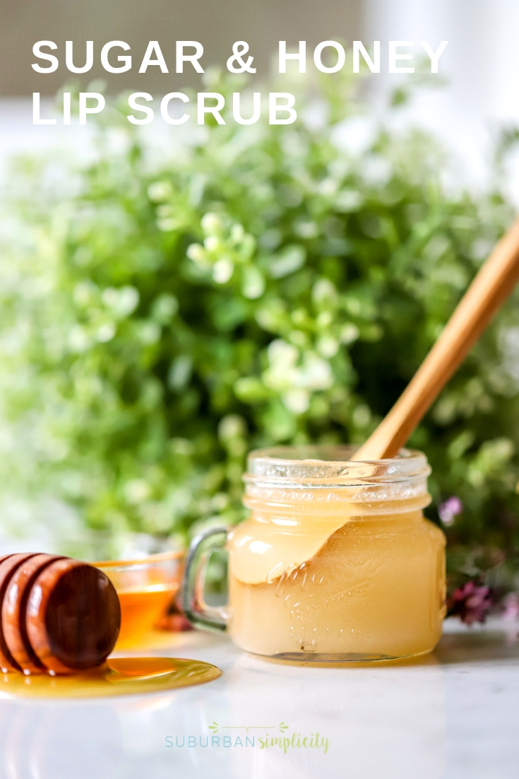 Make a homemade DIY Sugar and Honey Lip Scrub in minutes! With a few simple natural ingredients you can get rid of dry, flakey lips! #suburbansimplicity #sugarscrub #lipscrub #sugarandhoneylipscrub #diy #beauty
