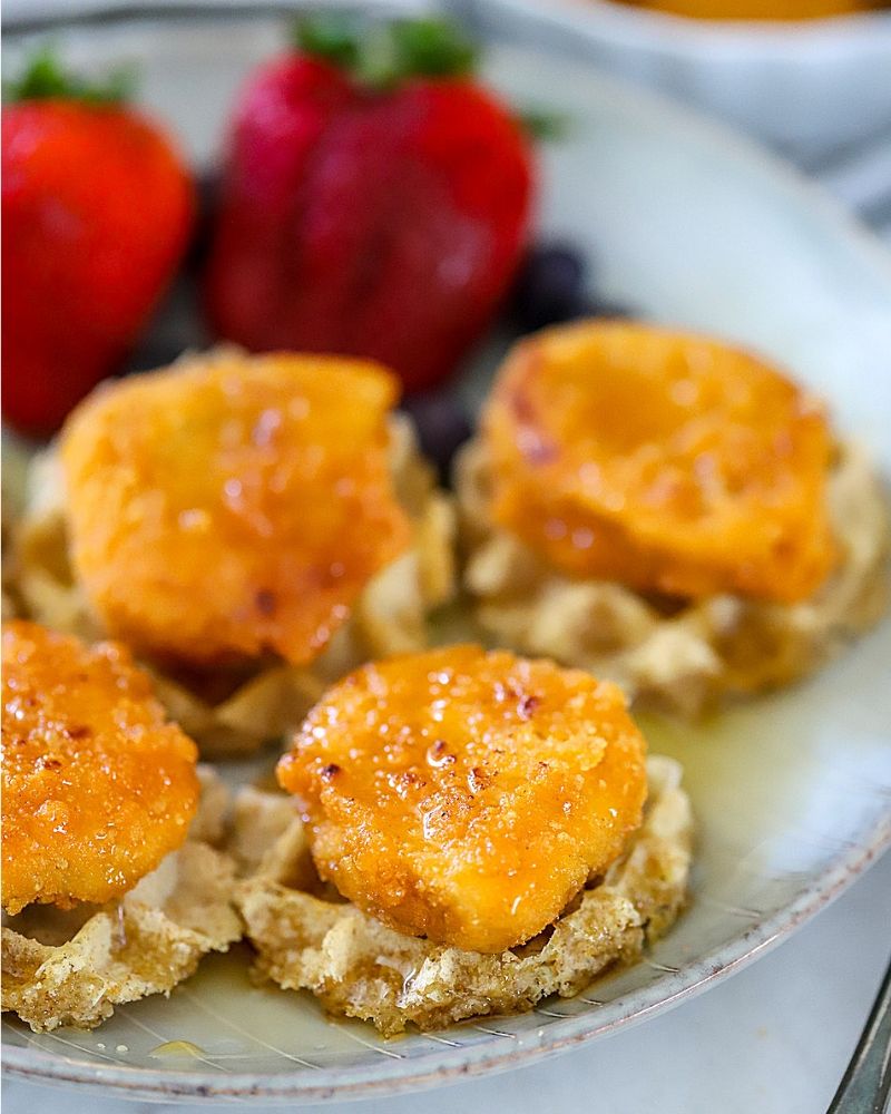 Tyson Chicken Nuggets on top of waffles.