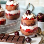 Cherry Chocolate Trifle with chocolate squares in front