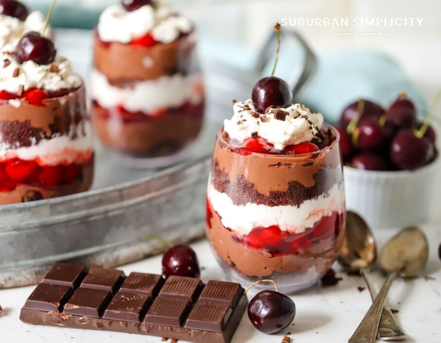 Cherry Chocolate Trifle with chocolate squares in front