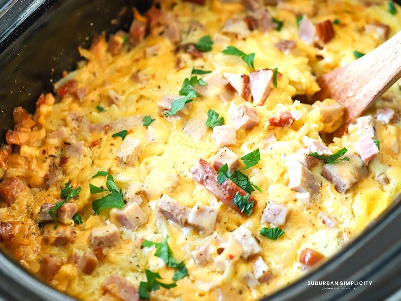 Cooked crockpot overnight breakfast casserole