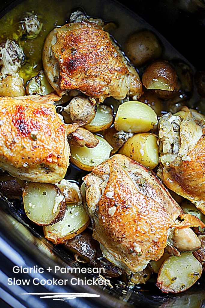 Mouth-watering Slow Cooker Chicken and Potatoes with Garlic and Parmesan is a complete meal. The tender chicken cooks to perfection next to red potatoes infused with a delicious garlic and parmesan flavor.