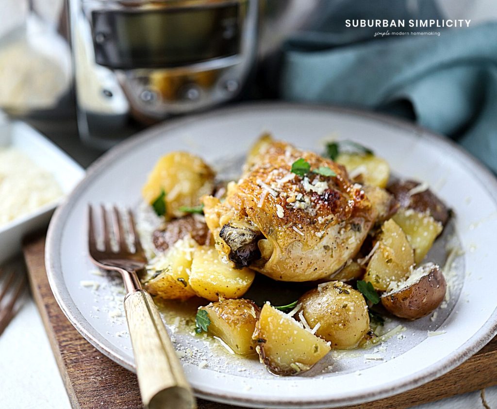 slow cooked chicken and potatoes plated
