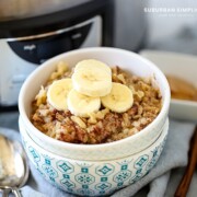 crockpot peanut butter oatmeal in a bowl with bananas