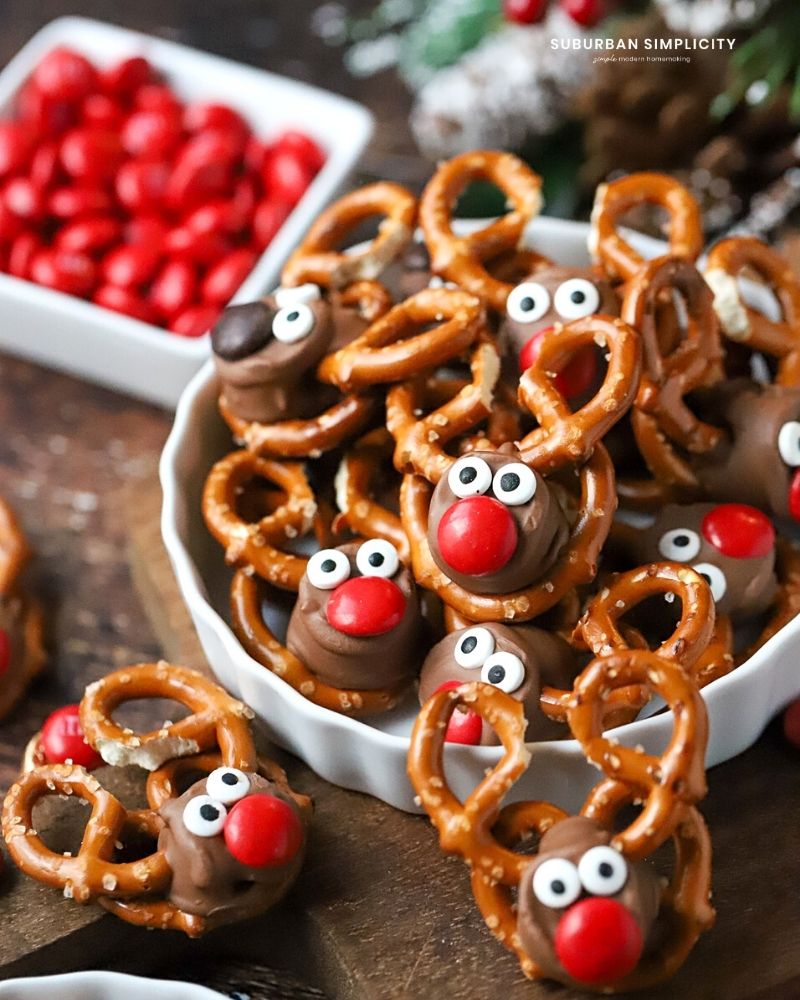 Pretzel Rolo Reindeer in a dish