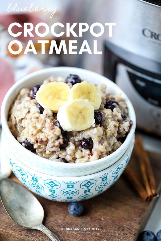 Enjoy an easy and healthy overnight breakfast recipe when you make Blueberry Crockpot Oatmeal. The whole family will love this slow-cooked oatmeal bursting with blueberries!