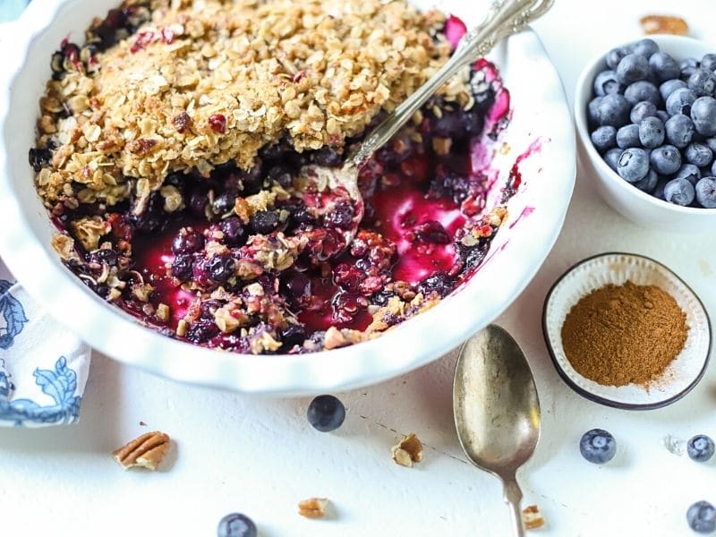 blueberry crumble in a baking dish
