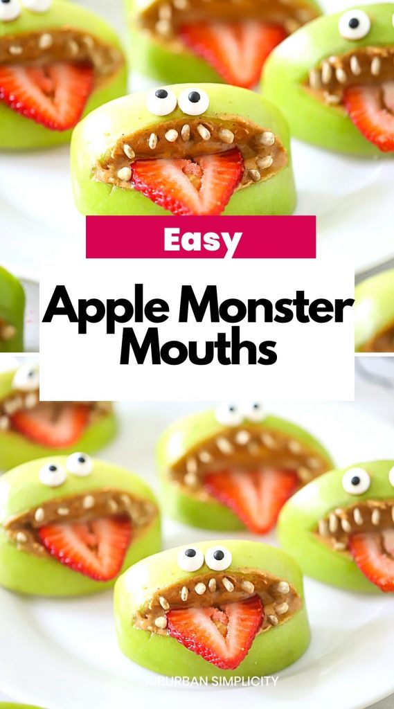 Apple Monster Mouths are one of the easiest and healthiest Halloween Treats to scare up a good time. With a few simple ingredients like apples, peanut butter, sunflower seeds, and strawberries, you have an adorable apple recipe to serve at your next party!