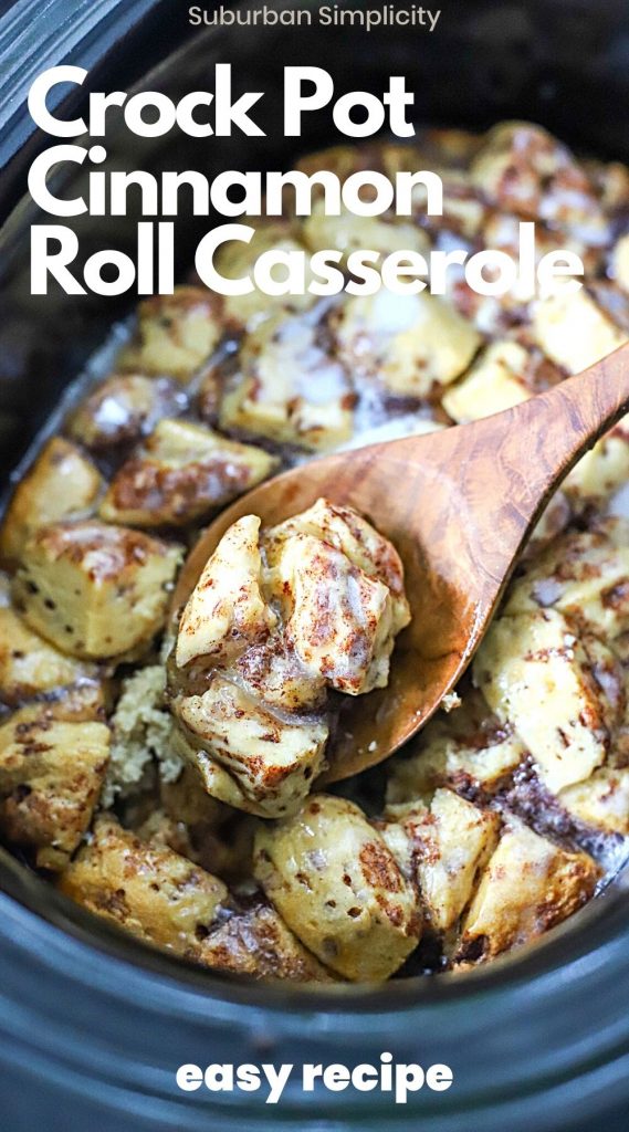 Enjoy this Easy Crock Pot Cinnamon Roll Casserole any time you need a breakfast casserole. It’s crispy around the edges with a perfectly gooey center. And it only takes 10-minute to prep!