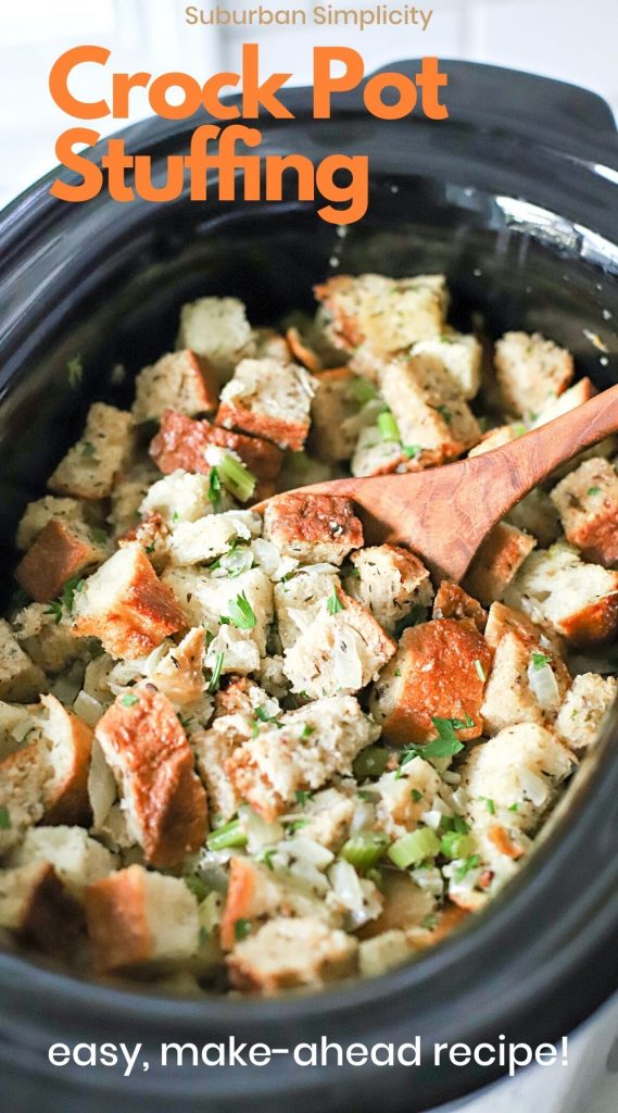 Free up oven space and make the Best Crockpot Stuffing Recipe to eat alongside Thanksgiving dinner! It's easy to toss the ingredients in your slow cooker and have it do the rest!