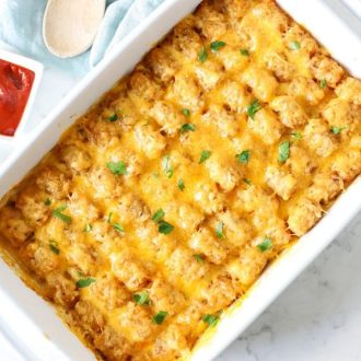 cheeseburger tater tot casserole in a baking dish